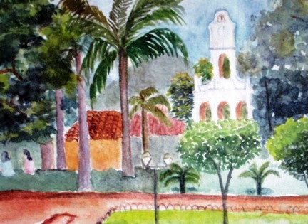Watercolor print Eileen painted of a location in her childhood hometown